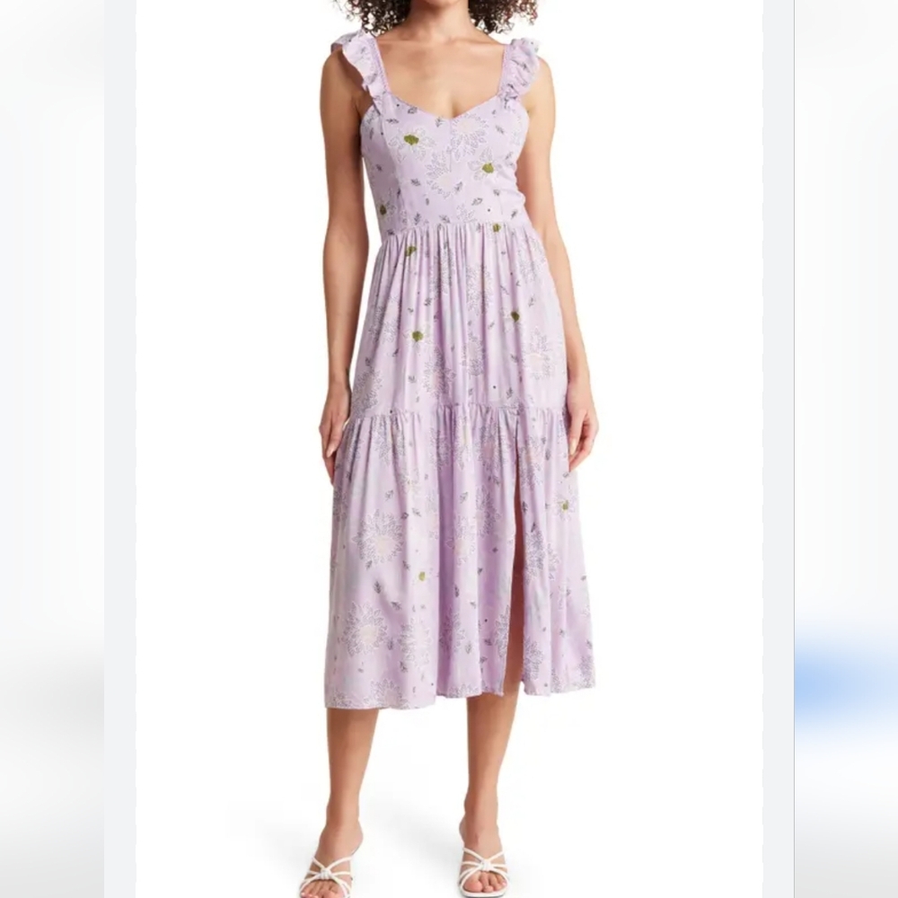 Angie Lavender Purple Floral Ruffle Midi Dress Size Medium
